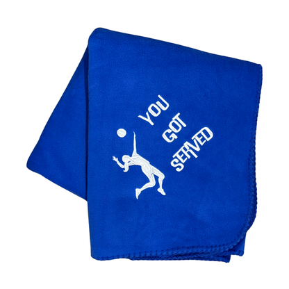 blue fleece blanket with You got served and a volleyball girl in white  embroidery