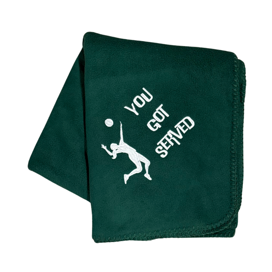 green fleece blanket with You got served and a volleyball girl in white  embroidery