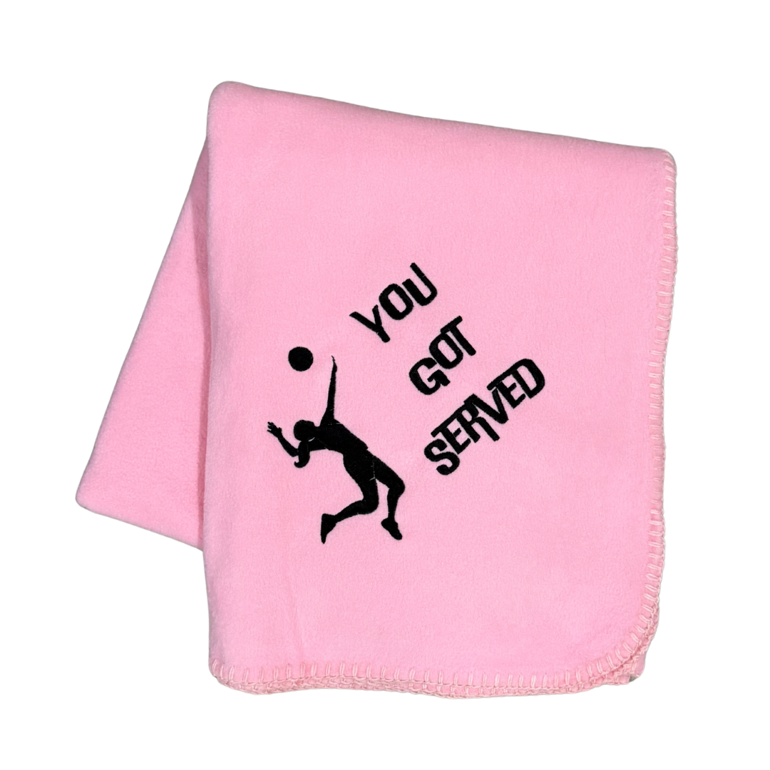 pink fleece blanket with You got served and a volleyball girl in black embroidery
