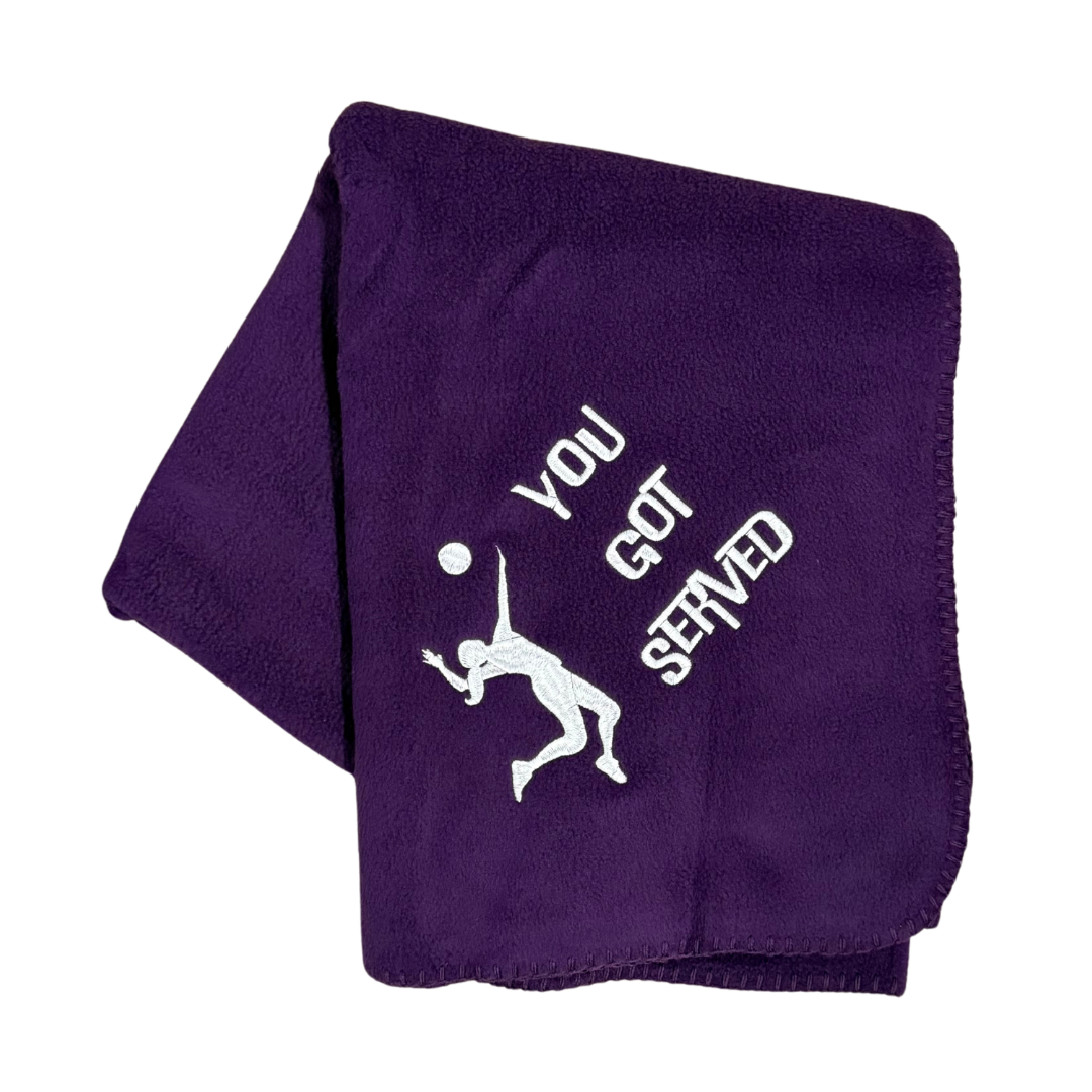 purple fleece blanket with You got served and a volleyball girl in white  embroidery