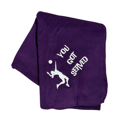 purple fleece blanket with You got served and a volleyball girl in white  embroidery