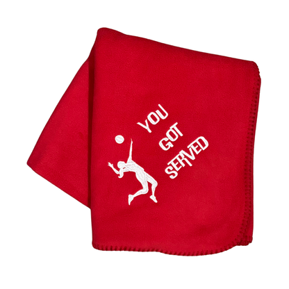 red fleece blanket with You got served and a volleyball girl in white  embroidery