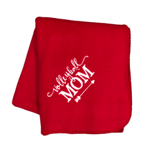 Load image into Gallery viewer, red volleyball mom blanket with arrow and embroidery in white
