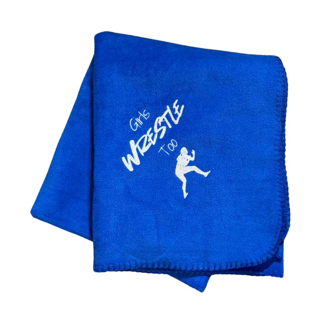 Blue blanket with white text and graphic for girls wrestling
