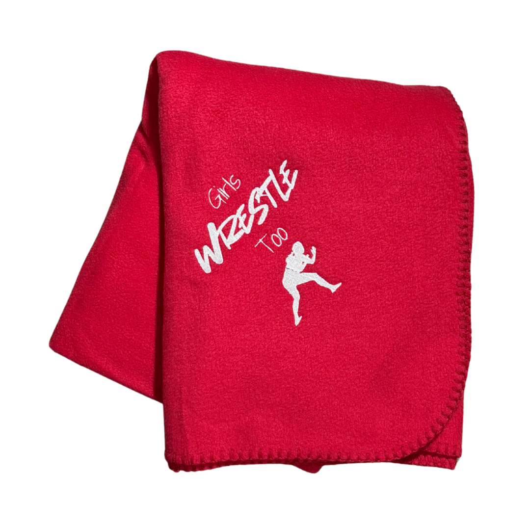Red blanket with white text and graphic for girls wrestling