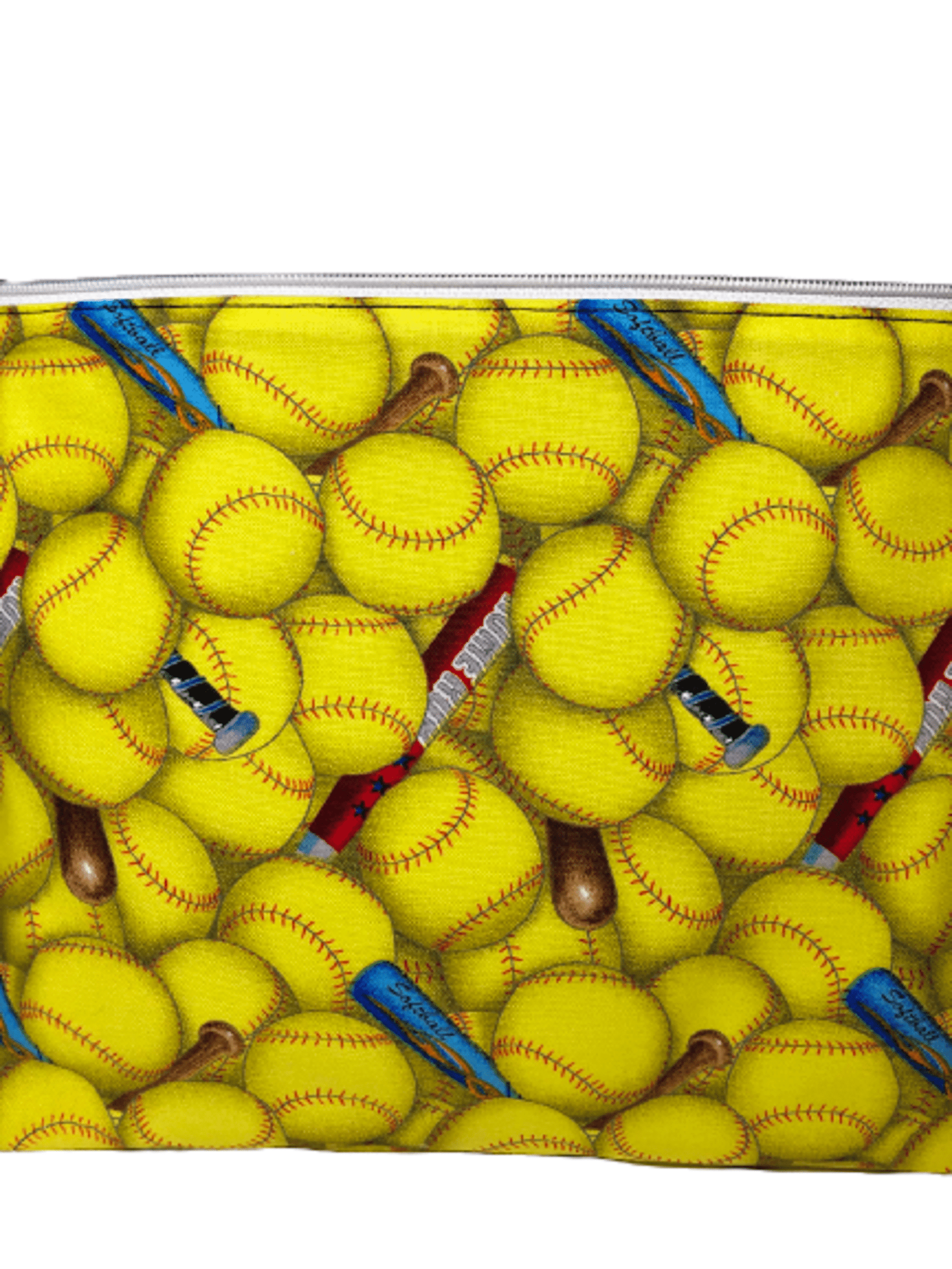 zippered bag with yellow softballs and red and blue softball bats
