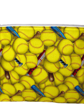Load image into Gallery viewer, zippered bag with yellow softballs and red and blue softball bats
