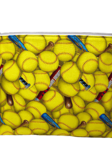 zippered bag with yellow softballs and red and blue softball bats