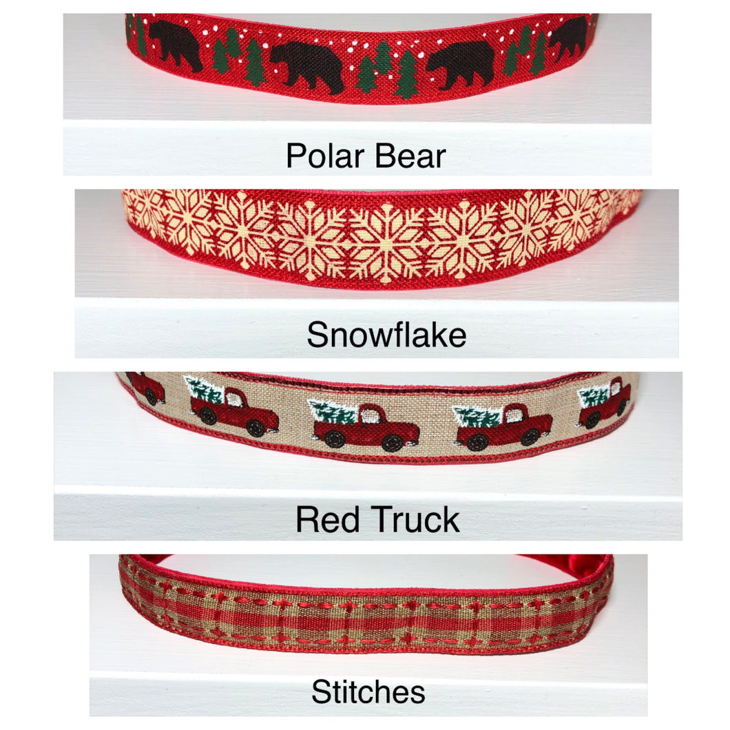 christmas headband patterns including polar bear, snowflake, red truck, and stitches