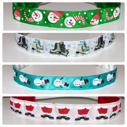 holiday headband examples of green snowmen, ice skates, blue snowmen, and santa feet