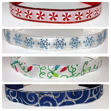 Load image into Gallery viewer, glitter christmas headbands peppermints, glitter snowflakes, christmas lights, and blue swirls
