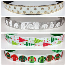 Load image into Gallery viewer, ugly christmas sweater, trees, polar bears, and gold glitter dots headbands
