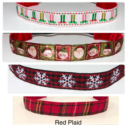 red plaid, santa with snowman, and elf feet headbands