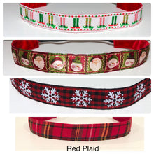 Load image into Gallery viewer, red plaid, santa with snowman, and elf feet headbands
