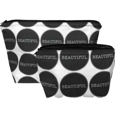set of two black and white makeup bags with large circles and the word beautiful in the circles