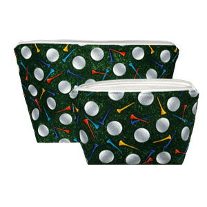 green makeup bags with white golf balls and colorful golf tees