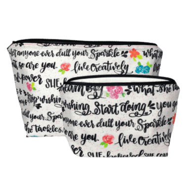 live creatively makeup bag set with positive female aspiration quotes