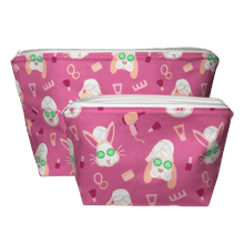 Load image into Gallery viewer, pink spa makeup bag set with cartoon bunnies and dog with cucumbers on eyes
