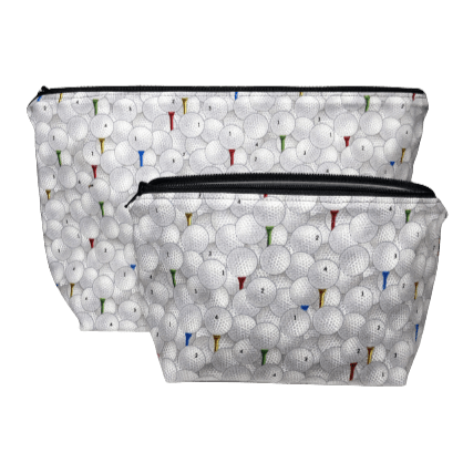 two makeup bags with golf balls on tees and black zippers