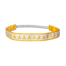Load image into Gallery viewer, white headband with gold ribbons for childhood cancer awareness
