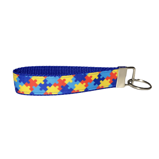 autism awareness wristlet keychain with puzzle pieces