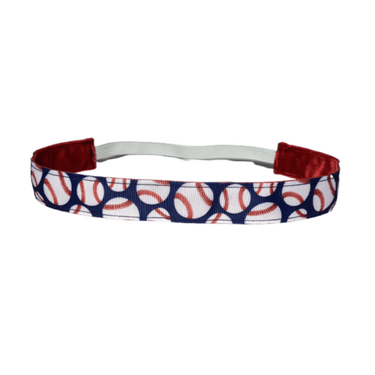 blue baseball headband with red velvet on the back