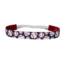 Load image into Gallery viewer, blue baseball headband with red velvet on the back
