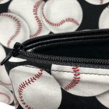 Load image into Gallery viewer, black zipper and interior of baseball makeup bag
