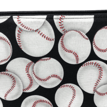 Load image into Gallery viewer, varying sized white baseballs with red stitiches on black background fabric
