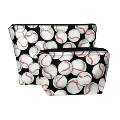 one large and one small baseball themed zippered toiletry bags