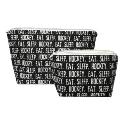 black and white hockey makeup bags with repeating phrase eat sleep hockey