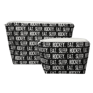 black and white hockey makeup bags with repeating phrase eat sleep hockey