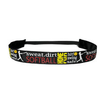 Load image into Gallery viewer, black softball headband with softball terms in red white and yellow glittery lettering
