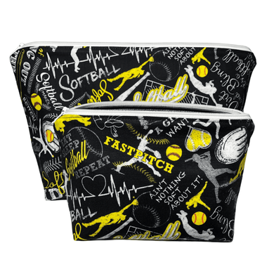 pair of two black softball makeup bags with softball words and images in white, gray, and yellow 