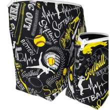 Load image into Gallery viewer, side of two softball makeup bags showing squared bottoms
