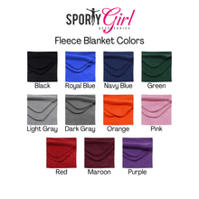 Load image into Gallery viewer, fleece blanket colors including black, royal blue, navy blue, green, light gray, dark gray, orange, pink, red, maroon, and purple
