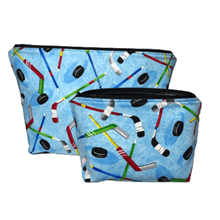 Load image into Gallery viewer, blue hockey makeup bag set of two bags

