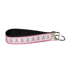 Load image into Gallery viewer, white and pink ribbon breast cancer awareness keychain
