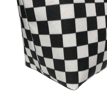 Load image into Gallery viewer, side of checkerboard makeup bags showing boxed out bottom construction
