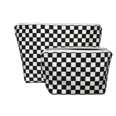 set of two zippered black and white checkerboard patterned  makeup bags