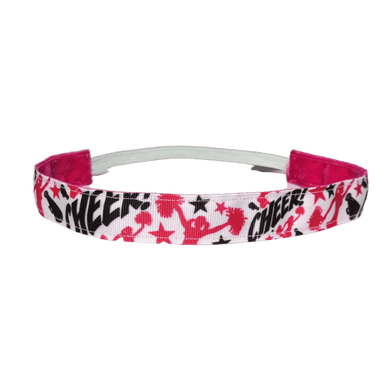 white cheer headband with the word cheer, stars, and cheerleaders in black and hot pink