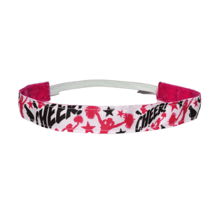 white cheer headband with the word cheer, stars, and cheerleaders in black and hot pink
