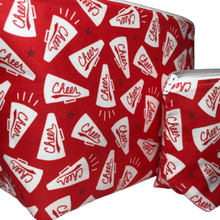 Load image into Gallery viewer, side of red cheer makeup bags with boxed out bottoms
