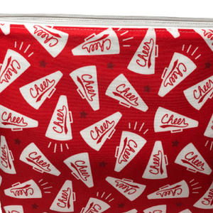 red cheer fabric with word cheer on white megaphones