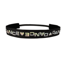 Load image into Gallery viewer, black dance headband with the word dance and a heart in a silver metalic print right side up and upside down
