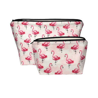 pair of two pink flamingo cosmetic bags