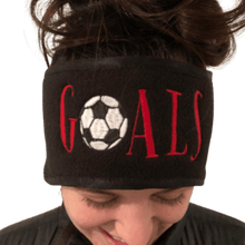 Load image into Gallery viewer, soccer fleece headband with GOALS embroidered on it in red and a soccer ball as the O
