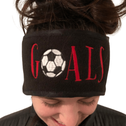 soccer fleece headband with GOALS embroidered on it in red and a soccer ball as the O