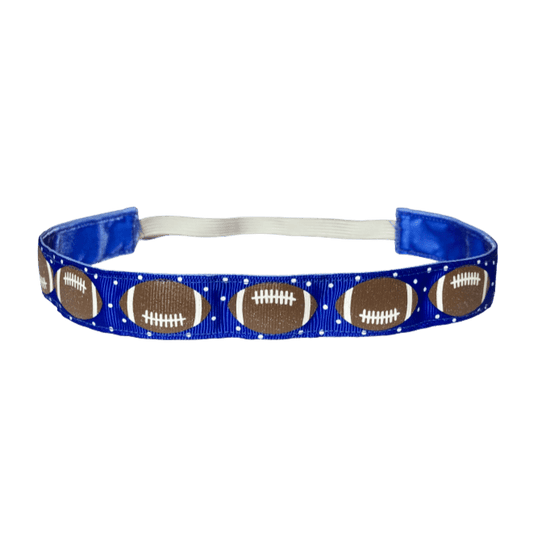 blue football headband with little white polka dots