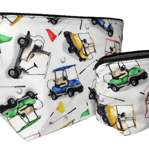makeup bags with golf carts, balls, and tees